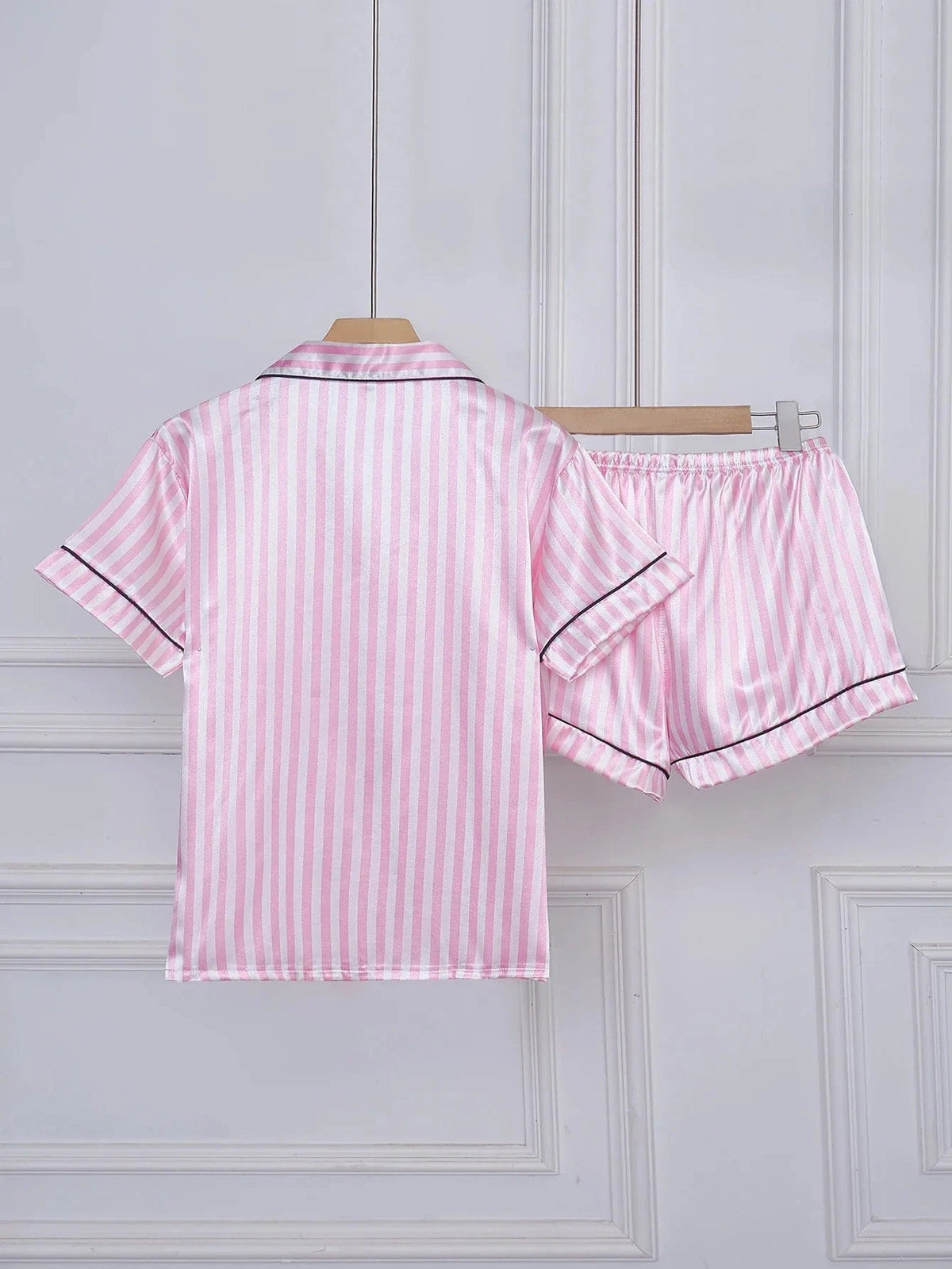 Striped Embroidered Letter Pocket Short Sleeve and Shorts Pajama Set, Casual Satin Sleepwear with Lapel Collar and Button Detail - A-1 Thread Vault