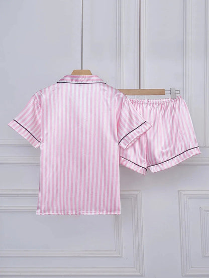 Striped Embroidered Letter Pocket Short Sleeve and Shorts Pajama Set, Casual Satin Sleepwear with Lapel Collar and Button Detail - A-1 Thread Vault