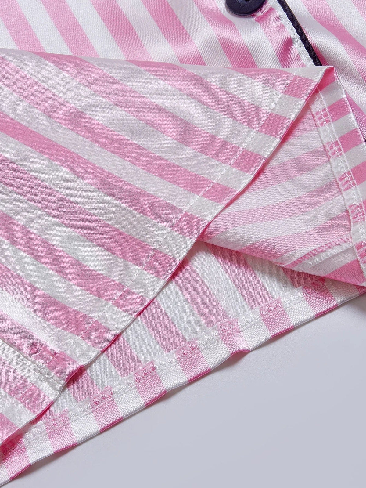 Striped Embroidered Letter Pocket Short Sleeve and Shorts Pajama Set, Casual Satin Sleepwear with Lapel Collar and Button Detail - A-1 Thread Vault
