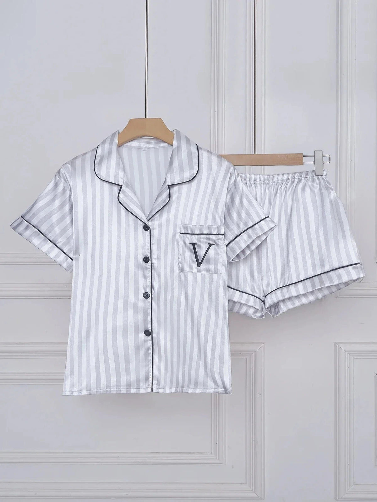Striped Embroidered Letter Pocket Short Sleeve and Shorts Pajama Set, Casual Satin Sleepwear with Lapel Collar and Button Detail - A-1 Thread Vault