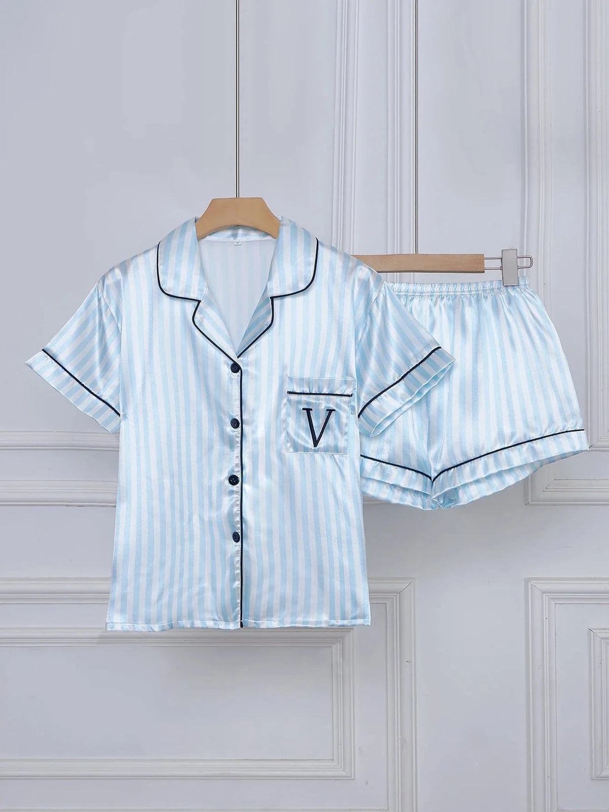 Striped Embroidered Letter Pocket Short Sleeve and Shorts Pajama Set, Casual Satin Sleepwear with Lapel Collar and Button Detail - A-1 Thread Vault