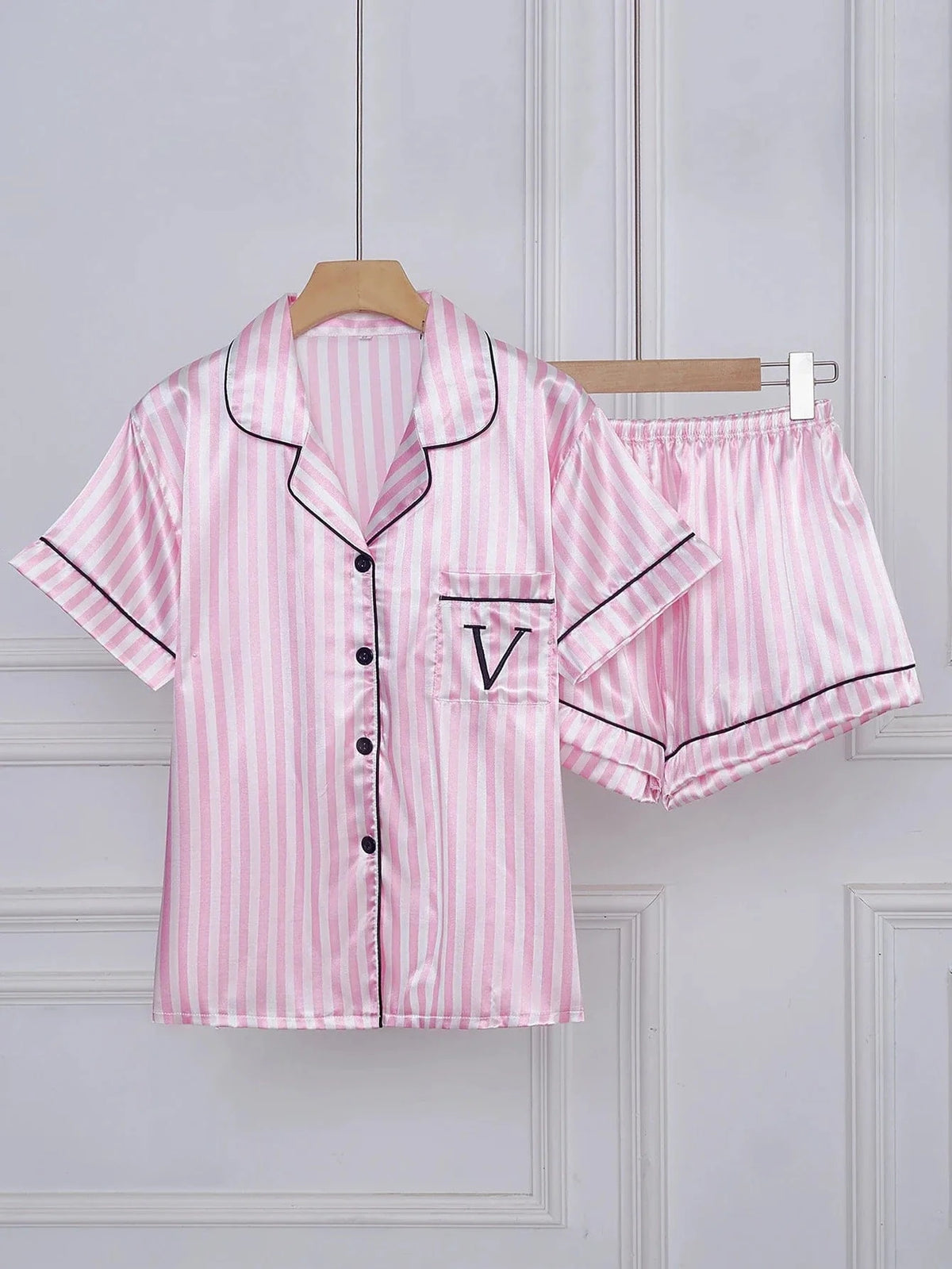 Striped Embroidered Letter Pocket Short Sleeve and Shorts Pajama Set, Casual Satin Sleepwear with Lapel Collar and Button Detail - A-1 Thread Vault