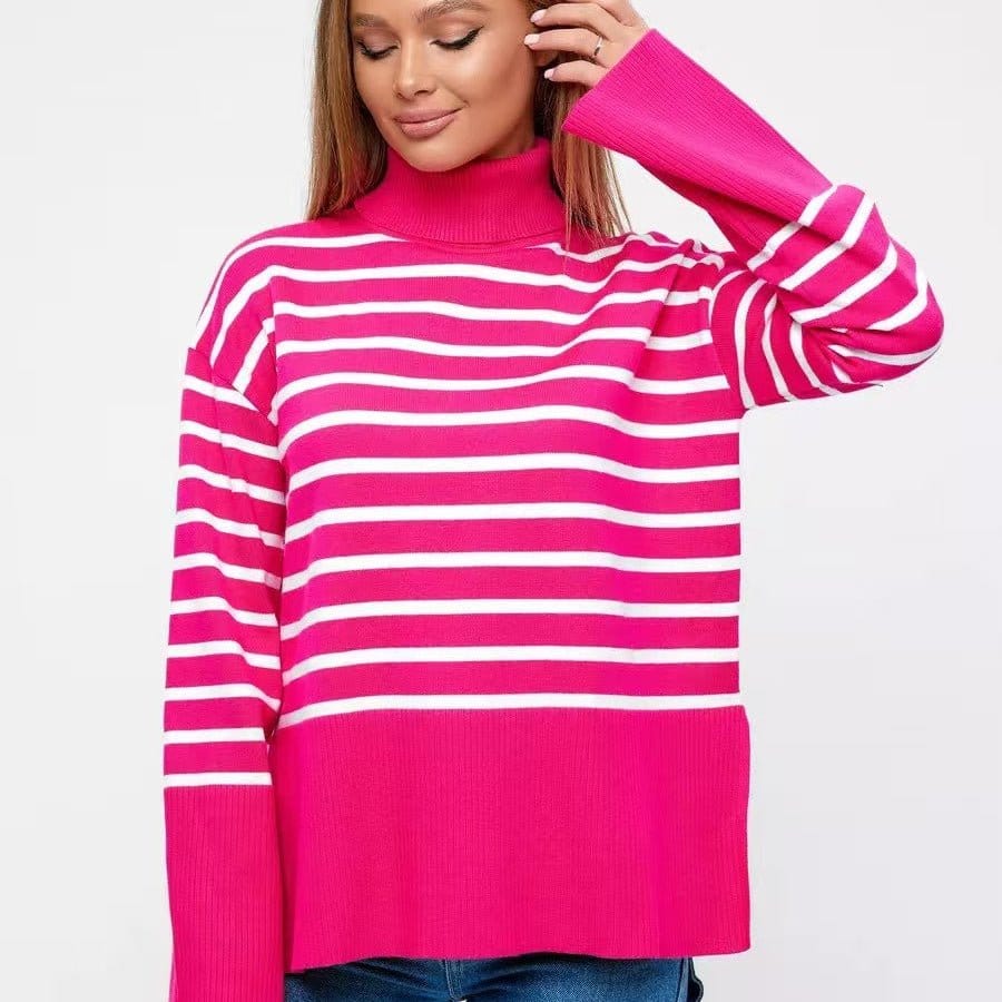 Striped Turtleneck Sweater | Oversized Colorblock Pullover(MS252) - A-1 Thread Vault