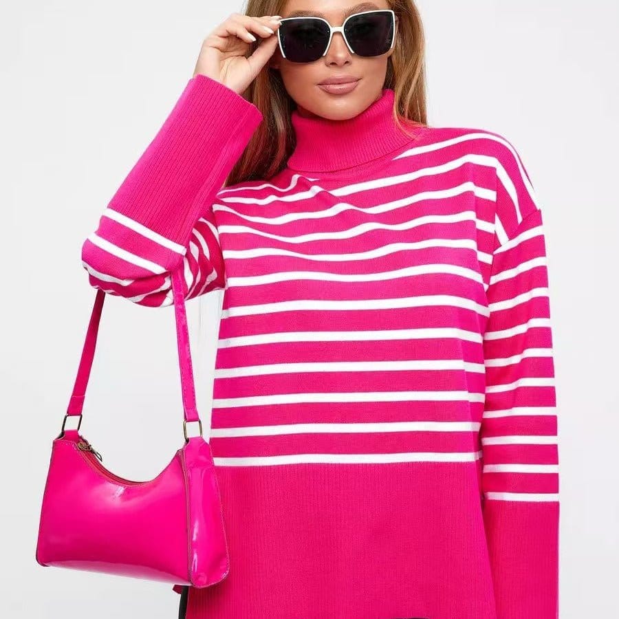 Striped Turtleneck Sweater | Oversized Colorblock Pullover(MS252) - A-1 Thread Vault