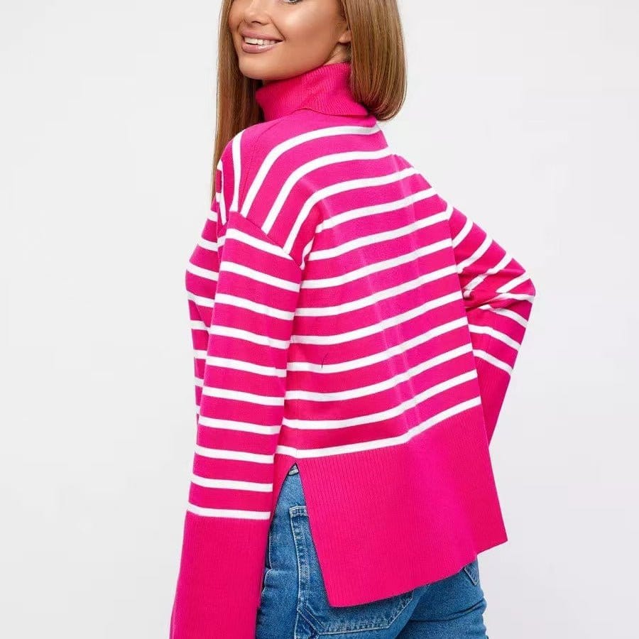 Striped Turtleneck Sweater | Oversized Colorblock Pullover(MS252) - A-1 Thread Vault