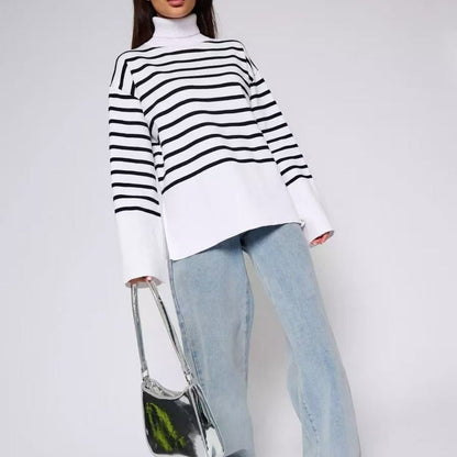Striped Turtleneck Sweater | Oversized Colorblock Pullover(MS252) - A-1 Thread Vault