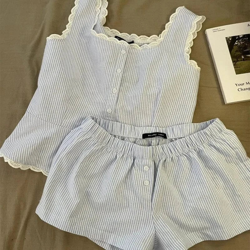 Striped Women Pajamas Summer Sleepwear Sleeveless Shorts Sets 2 Pieces Lace Night Wears Tank Korean Sleeping Home Suit 2025 New - A-1 Thread Vault