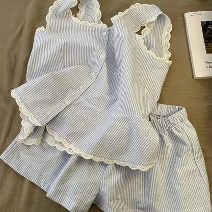 Striped Women Pajamas Summer Sleepwear Sleeveless Shorts Sets 2 Pieces Lace Night Wears Tank Korean Sleeping Home Suit 2025 New - A-1 Thread Vault