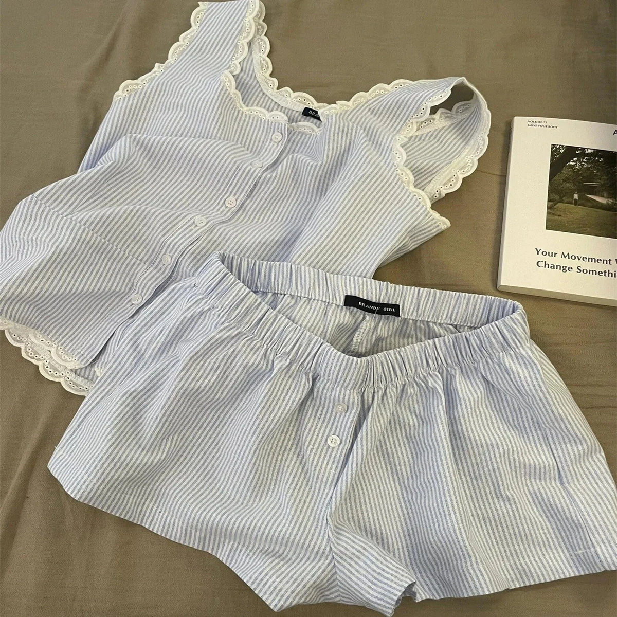 Striped Women Pajamas Summer Sleepwear Sleeveless Shorts Sets 2 Pieces Lace Night Wears Tank Korean Sleeping Home Suit 2025 New - A-1 Thread Vault