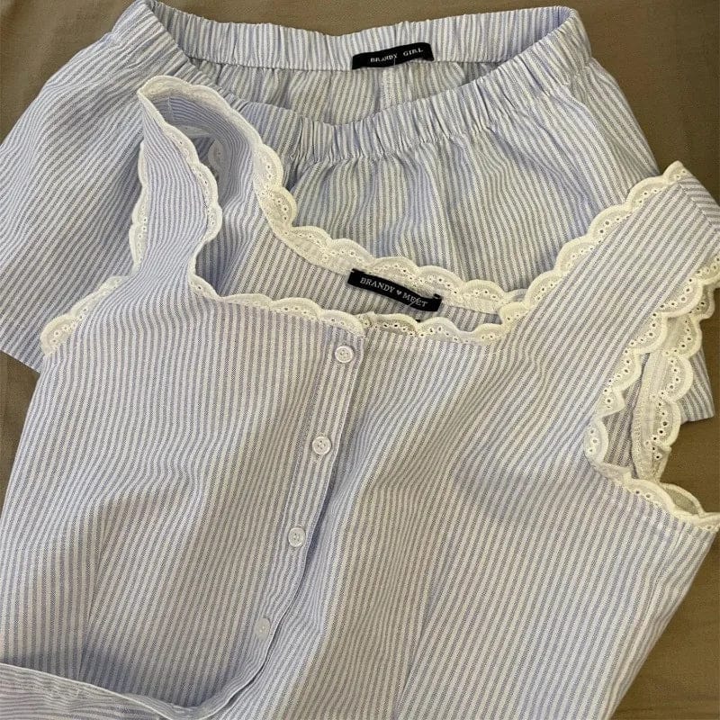 Striped Women Pajamas Summer Sleepwear Sleeveless Shorts Sets 2 Pieces Lace Night Wears Tank Korean Sleeping Home Suit 2025 New - A-1 Thread Vault