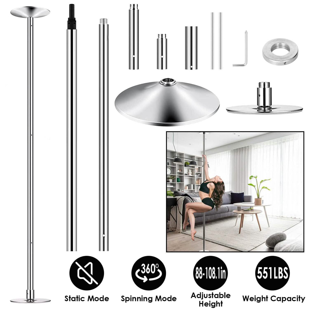 Stripper Dance Pole 45mm Spinning Static Dancing Pole - A-1 Thread Vault