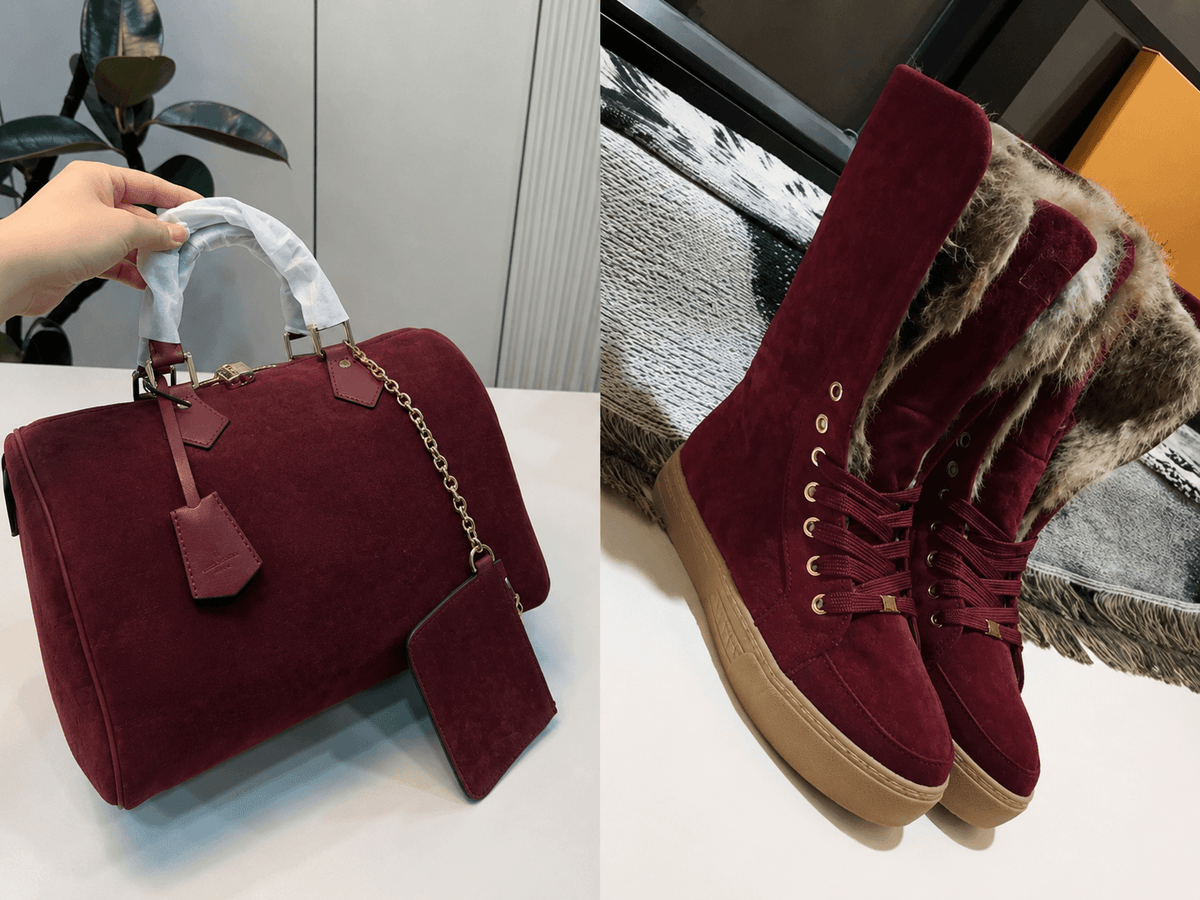 Suede Monogram Winter Set – Fur-Lined Boots + Matching Handbag (2-Piece Bundle) - A-1 Thread Vault
