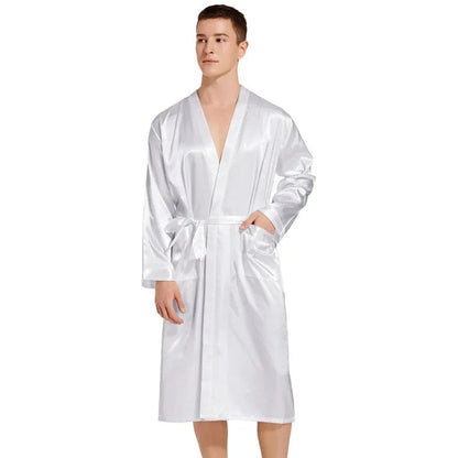 Summer New Men Solid Color Kimono Robe Satin Bathrobe Gown Summer New Sleepwear Loose Pijamas De Hombre Ice Silk Peignoir Homme - A-1 Thread Vault