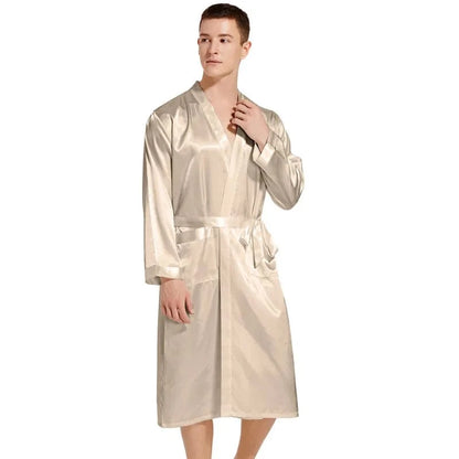 Summer New Men Solid Color Kimono Robe Satin Bathrobe Gown Summer New Sleepwear Loose Pijamas De Hombre Ice Silk Peignoir Homme - A-1 Thread Vault