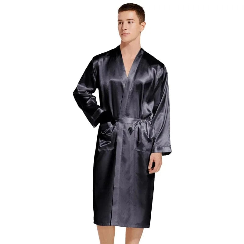 Summer New Men Solid Color Kimono Robe Satin Bathrobe Gown Summer New Sleepwear Loose Pijamas De Hombre Ice Silk Peignoir Homme - A-1 Thread Vault