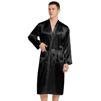 Summer New Men Solid Color Kimono Robe Satin Bathrobe Gown Summer New Sleepwear Loose Pijamas De Hombre Ice Silk Peignoir Homme - A-1 Thread Vault