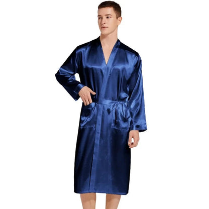 Summer New Men Solid Color Kimono Robe Satin Bathrobe Gown Summer New Sleepwear Loose Pijamas De Hombre Ice Silk Peignoir Homme - A-1 Thread Vault