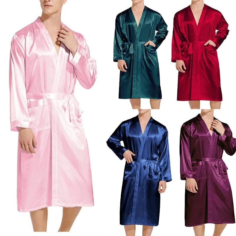 Summer New Men Solid Color Kimono Robe Satin Bathrobe Gown Summer New Sleepwear Loose Pijamas De Hombre Ice Silk Peignoir Homme - A-1 Thread Vault
