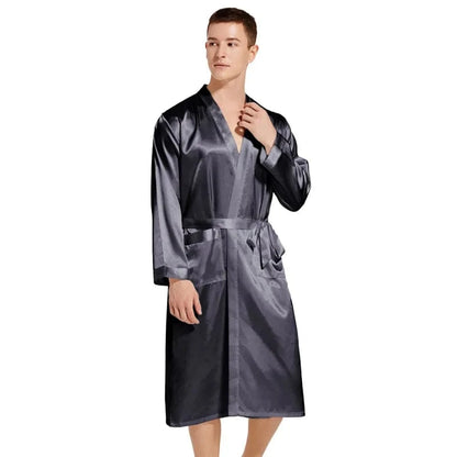 Summer New Men Solid Color Kimono Robe Satin Bathrobe Gown Summer New Sleepwear Loose Pijamas De Hombre Ice Silk Peignoir Homme - A-1 Thread Vault