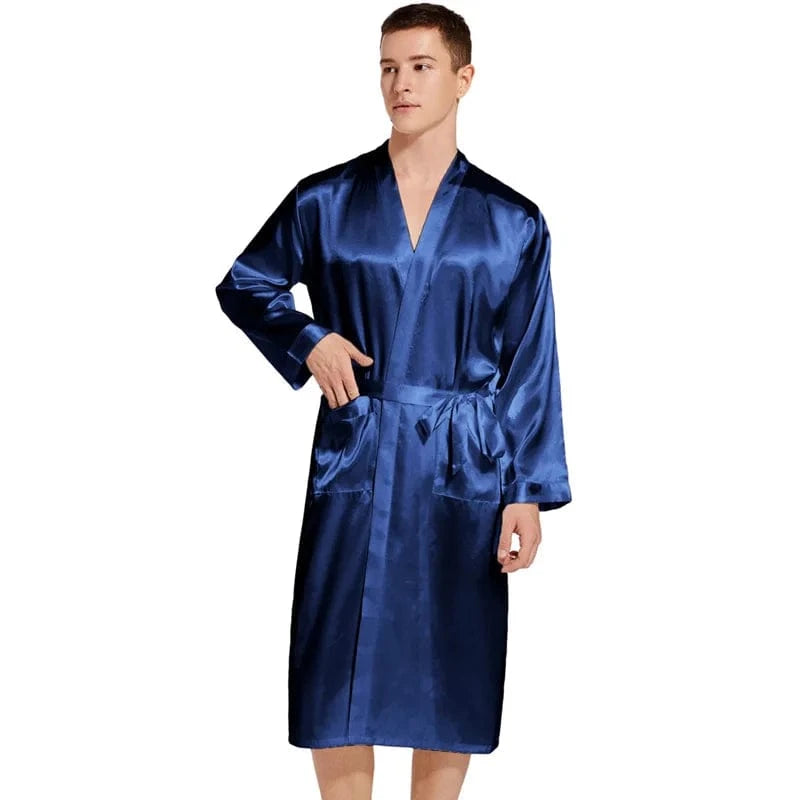 Summer New Men Solid Color Kimono Robe Satin Bathrobe Gown Summer New Sleepwear Loose Pijamas De Hombre Ice Silk Peignoir Homme - A-1 Thread Vault