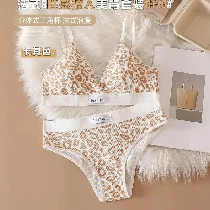 Summer New Women's Leopard Print Traceless and Steel Rim Bra Adjustable Shoulder Strap Back Women's Underwear Set - A-1 Thread Vault