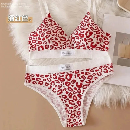 Summer New Women's Leopard Print Traceless and Steel Rim Bra Adjustable Shoulder Strap Back Women's Underwear Set - A-1 Thread Vault