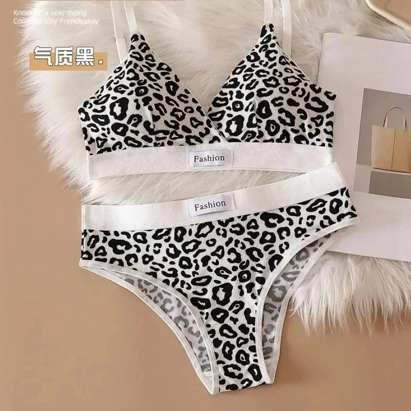 Summer New Women's Leopard Print Traceless and Steel Rim Bra Adjustable Shoulder Strap Back Women's Underwear Set - A-1 Thread Vault