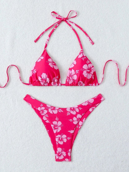 Summer retro floral print 2-piece bikini lace up swimsuit sexy high waisted women's swimsuit - A-1 Thread Vault