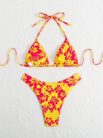 Summer retro floral print 2-piece bikini lace up swimsuit sexy high waisted women's swimsuit - A-1 Thread Vault
