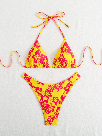 Summer retro floral print 2-piece bikini lace up swimsuit sexy high waisted women's swimsuit - A-1 Thread Vault