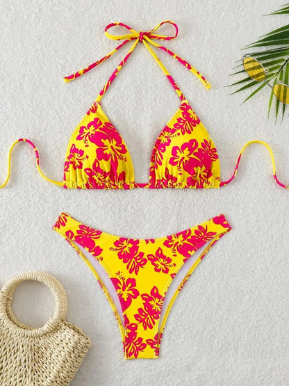 Summer retro floral print 2-piece bikini lace up swimsuit sexy high waisted women's swimsuit - A-1 Thread Vault