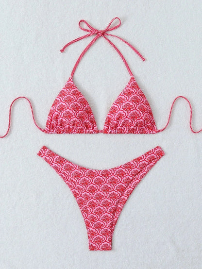 Summer retro floral print 2-piece bikini lace up swimsuit sexy high waisted women's swimsuit - A-1 Thread Vault