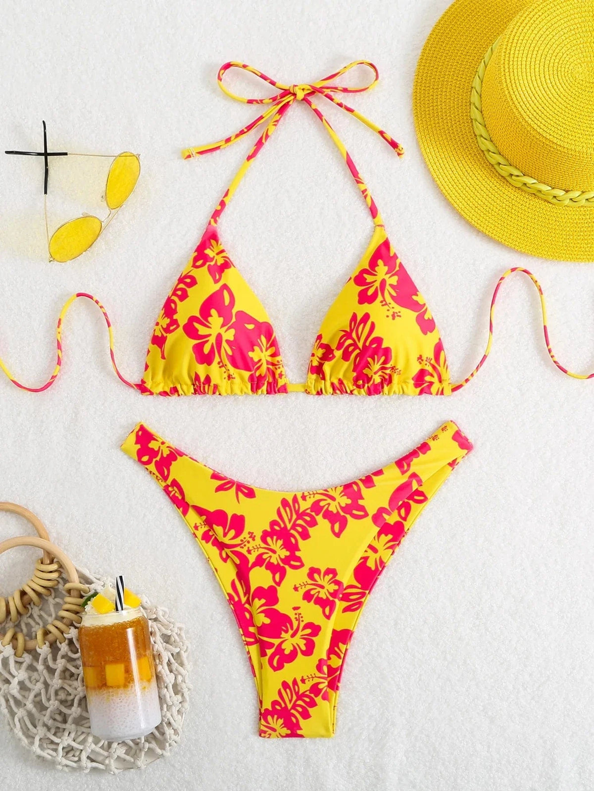 Summer retro floral print 2-piece bikini lace up swimsuit sexy high waisted women's swimsuit - A-1 Thread Vault