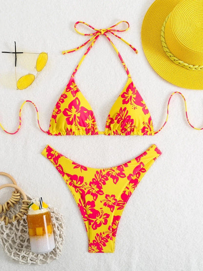 Summer retro floral print 2-piece bikini lace up swimsuit sexy high waisted women's swimsuit - A-1 Thread Vault