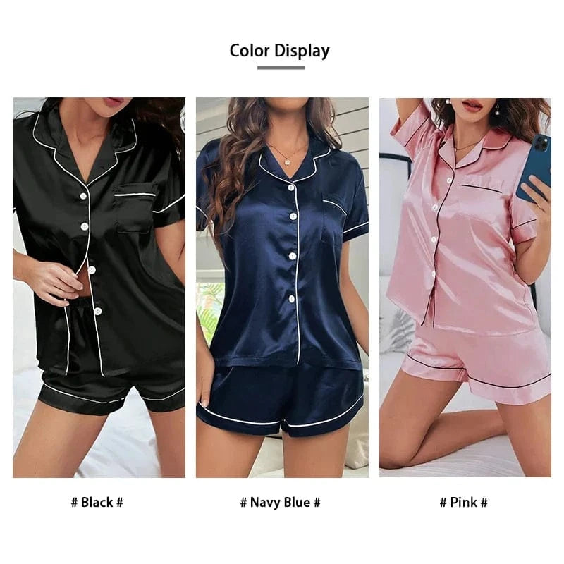 Summer Silk Satin Women Pajamas Set Button Down Top & Shorts 2 Pieces Sleepwear Notched Collar Nightwear Loungewear for Women - A-1 Thread Vault