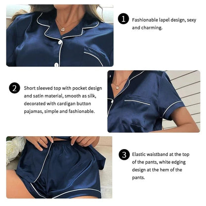 Summer Silk Satin Women Pajamas Set Button Down Top & Shorts 2 Pieces Sleepwear Notched Collar Nightwear Loungewear for Women - A-1 Thread Vault
