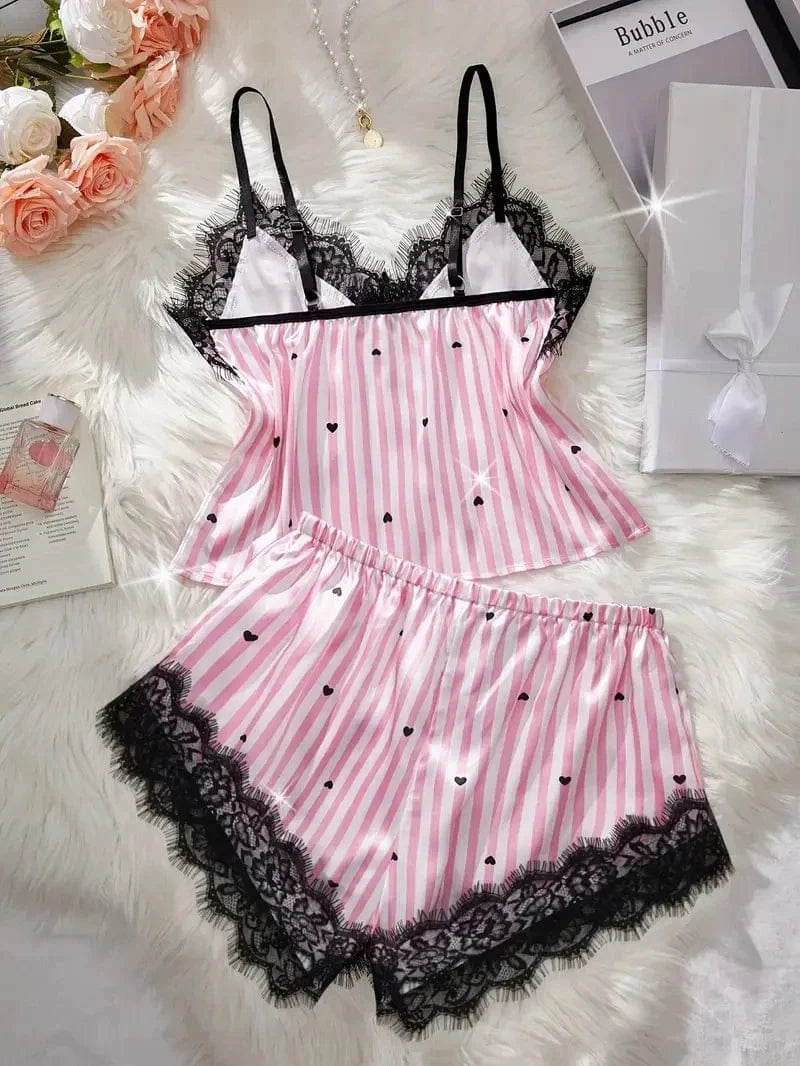 Summer Silk Satin Women's V-Neck Sexy Lace Suspender Pajama Shorts Set Stripes Heart Casual Women's Sleeveless Sexy Pajama Set - A-1 Thread Vault
