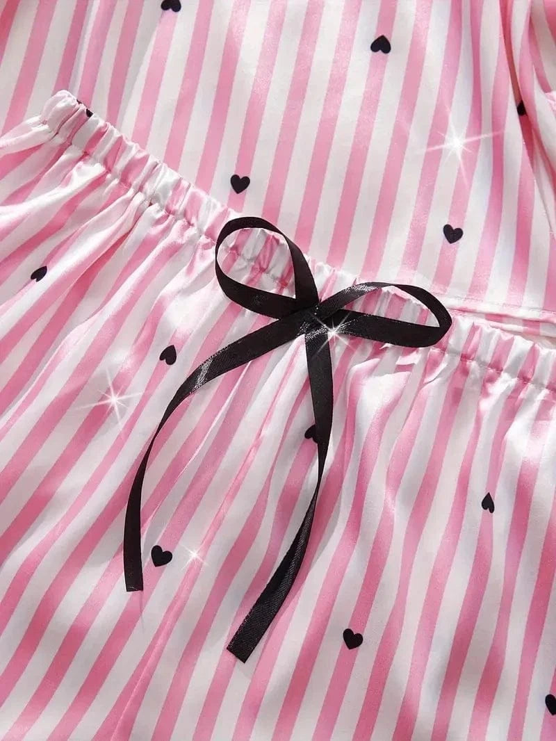Summer Silk Satin Women's V-Neck Sexy Lace Suspender Pajama Shorts Set Stripes Heart Casual Women's Sleeveless Sexy Pajama Set - A-1 Thread Vault