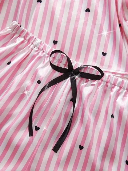 Summer Silk Satin Women's V-Neck Sexy Lace Suspender Pajama Shorts Set Stripes Heart Casual Women's Sleeveless Sexy Pajama Set - A-1 Thread Vault