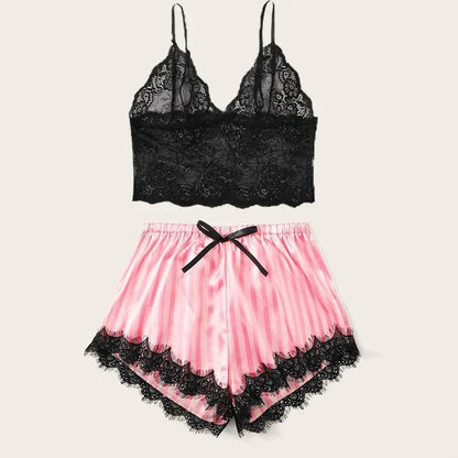 Summer Silk Satin Women's V-Neck Sexy Lace Suspender Pajama Shorts Set Stripes Heart Casual Women's Sleeveless Sexy Pajama Set - A-1 Thread Vault