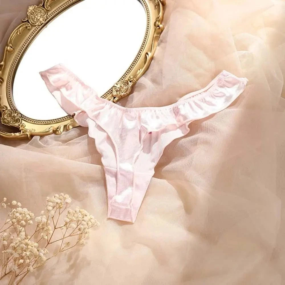Sweet Pink Satin Silk Ruffle Thong Sexy Low Waist G-String Briefs for Women Ice Silk Underwear Female Intimates Lingerie - A-1 Thread Vault