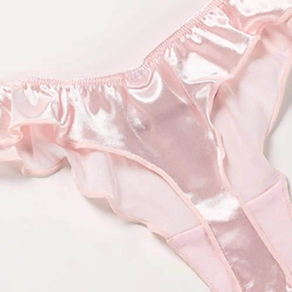 Sweet Pink Satin Silk Ruffle Thong Sexy Low Waist G-String Briefs for Women Ice Silk Underwear Female Intimates Lingerie - A-1 Thread Vault