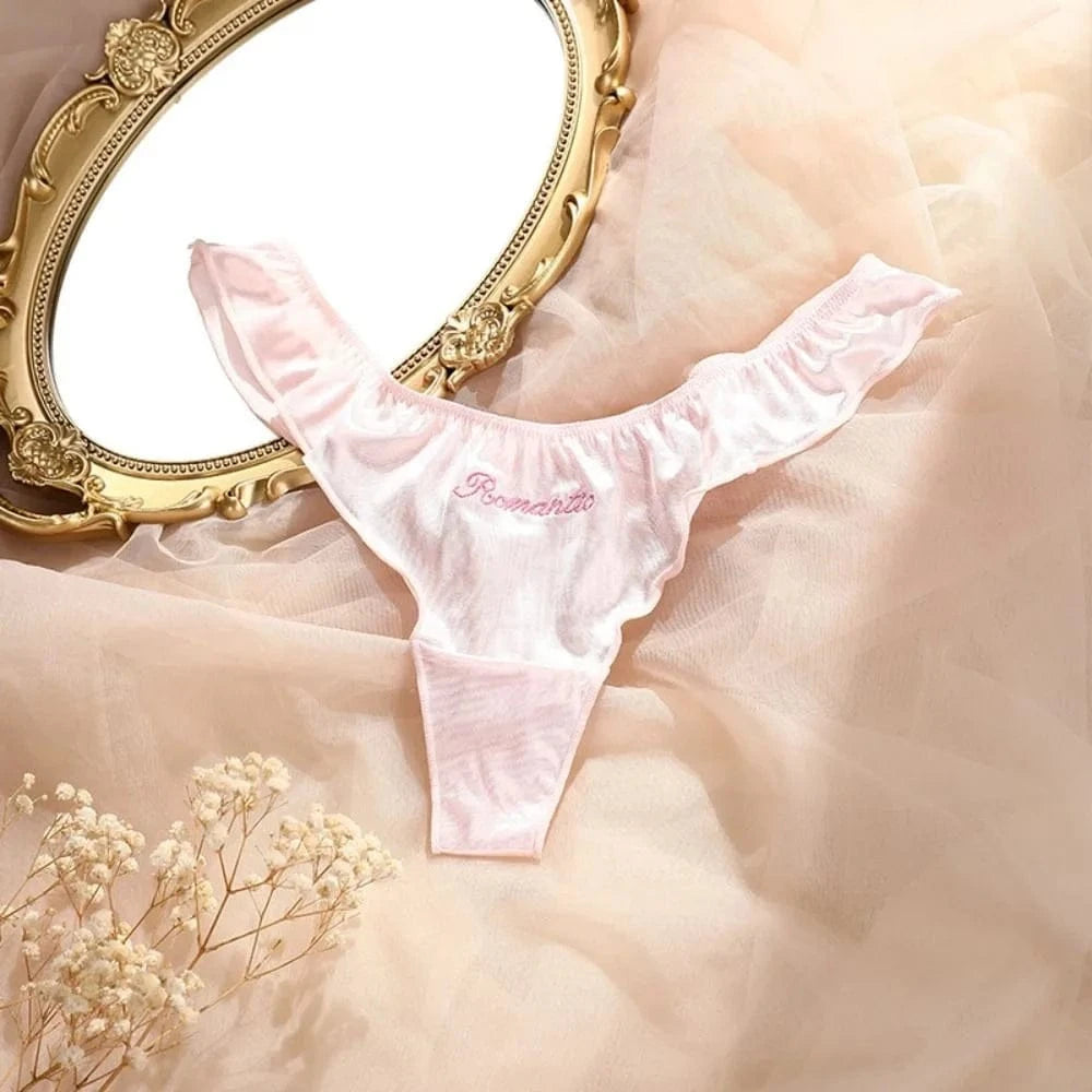 Sweet Pink Satin Silk Ruffle Thong Sexy Low Waist G-String Briefs for Women Ice Silk Underwear Female Intimates Lingerie - A-1 Thread Vault