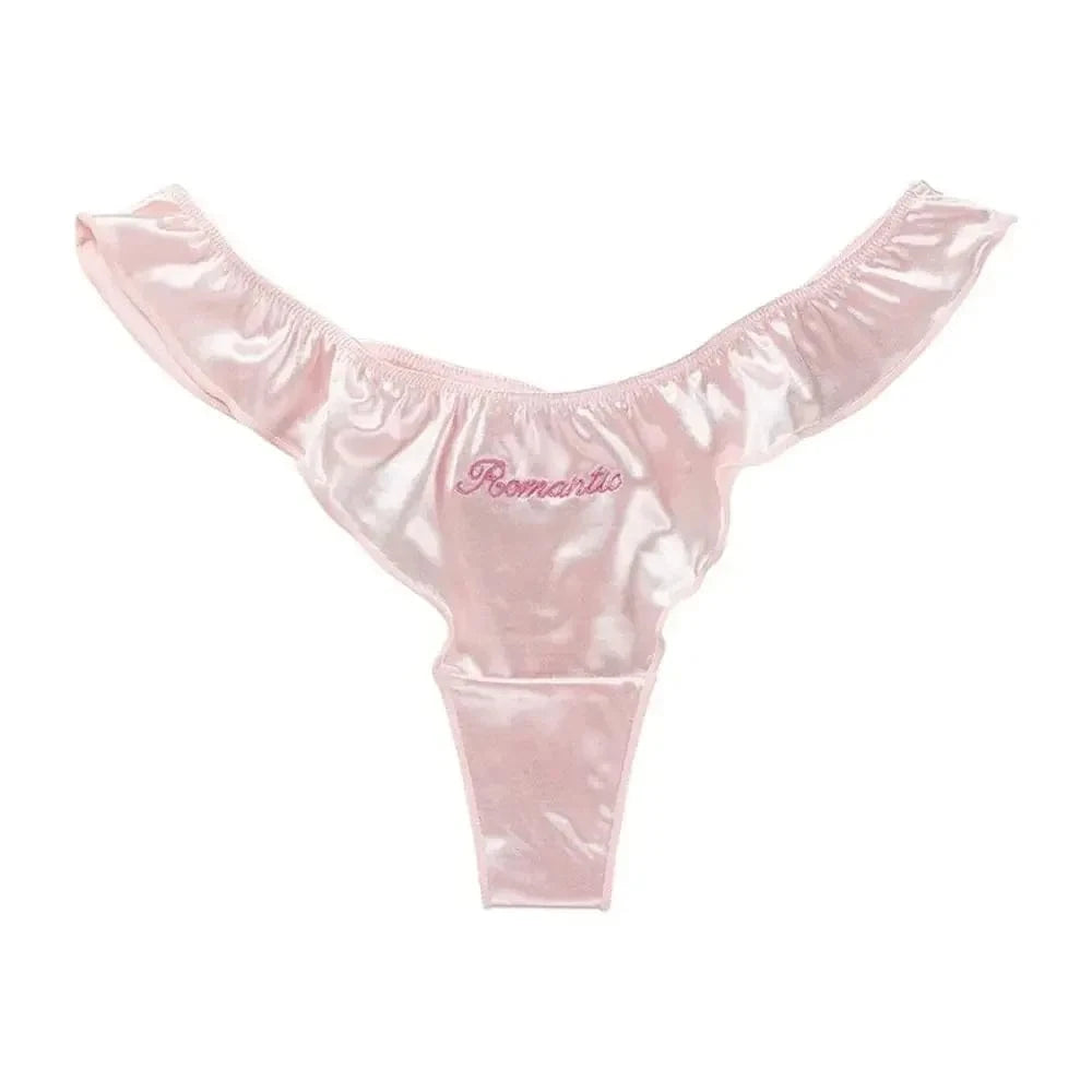 Sweet Pink Satin Silk Ruffle Thong Sexy Low Waist G-String Briefs for Women Ice Silk Underwear Female Intimates Lingerie - A-1 Thread Vault