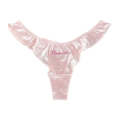 Sweet Pink Satin Silk Ruffle Thong Sexy Low Waist G-String Briefs for Women Ice Silk Underwear Female Intimates Lingerie - A-1 Thread Vault