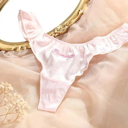 Sweet Pink Satin Silk Ruffle Thong Sexy Low Waist G-String Briefs for Women Ice Silk Underwear Female Intimates Lingerie - A-1 Thread Vault