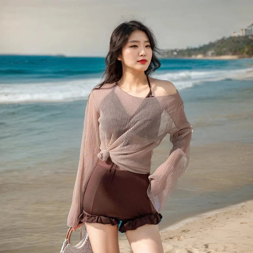 Swimming Suit for Women Solid Color Slimming One-piece Dress Style Conservative Waist Tightening Slimming Vacation Swimsuit - A-1 Thread Vault