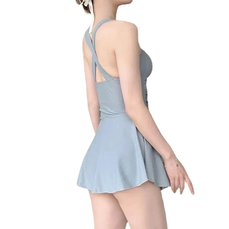 Swimming Suit for Women Solid Color Slimming One-piece Dress Style Conservative Waist Tightening Slimming Vacation Swimsuit - A-1 Thread Vault