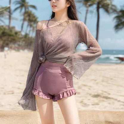 Swimming Suit for Women Solid Color Slimming One-piece Dress Style Conservative Waist Tightening Slimming Vacation Swimsuit - A-1 Thread Vault