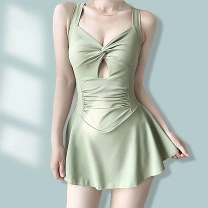 Swimming Suit for Women Solid Color Slimming One-piece Dress Style Conservative Waist Tightening Slimming Vacation Swimsuit - A-1 Thread Vault